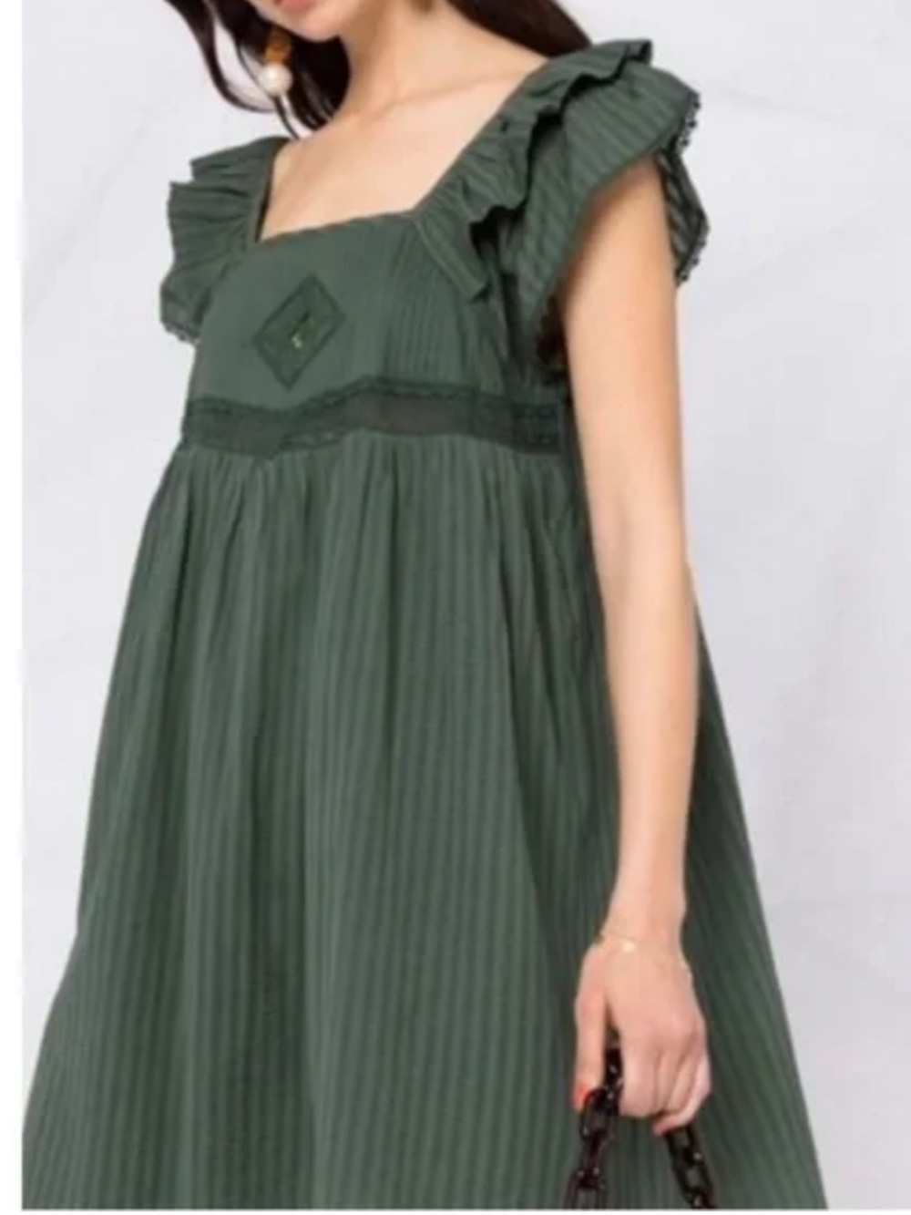 ba&sh Pintucked Cotton Jacquard Green Mini Dress